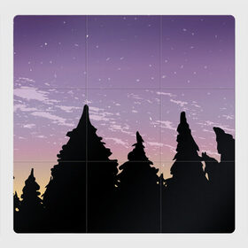 Магнитный плакат 3Х3 с принтом Лес под ночным небом в Кировске, Полимерный материал с магнитным слоем | 9 деталей размером 9*9 см | Тематика изображения на принте: вечер | градиент | закат | звездное небо | звезды | лес | небо | очертание | очертание леса | сумерки | тайга | фиолетовый | черный
