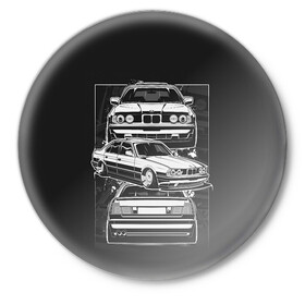Значок с принтом BMW в Кировске,  металл | круглая форма, металлическая застежка в виде булавки | auto | bmw | car | e | e34 | germany | m | m5 | series | x | авто | автомобиль | бмв | бнв | германия | машина