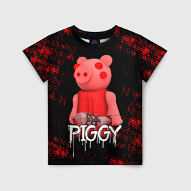 Детская футболка 3D с принтом ROBLOX PIGGY - СВИНКА ПИГГИ в Кировске, 100% гипоаллергенный полиэфир | прямой крой, круглый вырез горловины, длина до линии бедер, чуть спущенное плечо, ткань немного тянется | pig | piggy | roblox | игра | компьютерная игра | логотип | онлайн | онлайн игра | пигги | поросенок | роблакс | роблокс | свинка | свинья