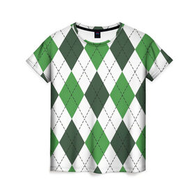 Женская футболка 3D с принтом Зелёные ромбы в Кировске, 100% полиэфир ( синтетическое хлопкоподобное полотно) | прямой крой, круглый вырез горловины, длина до линии бедер | белый | геометрические фигуры | зеленый | пунктир | ромб | ромбы | тёмный