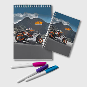 Блокнот с принтом KTM Racing team в Кировске, 100% бумага | 48 листов, плотность листов — 60 г/м2, плотность картонной обложки — 250 г/м2. Листы скреплены удобной пружинной спиралью. Цвет линий — светло-серый
 | clouds | ktm | motorcycle | mountains | nature | racer | racing | route | sky | team | гонщик | горы | мотоцикл | небо | облака | природа | трасса