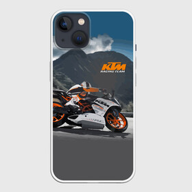 Чехол для iPhone 13 с принтом KTM Racing team в Кировске,  |  | Тематика изображения на принте: clouds | ktm | motorcycle | mountains | nature | racer | racing | route | sky | team | гонщик | горы | мотоцикл | небо | облака | природа | трасса