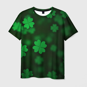 Мужская футболка 3D с принтом Клеверный дождь в Кировске, 100% полиэфир | прямой крой, круглый вырез горловины, длина до линии бедер | Тематика изображения на принте: арт | зеленый | клевер | ночь | размыто | рисунок | темный | удача