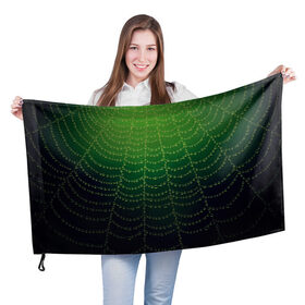Флаг 3D с принтом Паутина в лесу в Кировске, 100% полиэстер | плотность ткани — 95 г/м2, размер — 67 х 109 см. Принт наносится с одной стороны | бусины | зеленый | капли | капли воды | лестница | паутина | раса