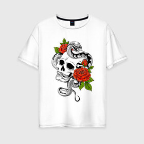 Женская футболка хлопок Oversize с принтом Череп розы и змея в Кировске, 100% хлопок | свободный крой, круглый ворот, спущенный рукав, длина до линии бедер
 | rose | skull | snake | змей | змейка | змея | роза | розочка | розы | цветы | череп | черепок | черепушка