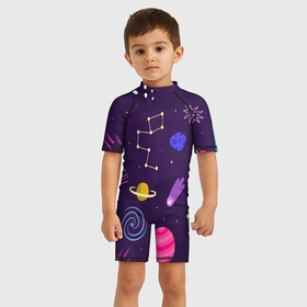 Детский купальный костюм 3D с принтом Космический пейзаж в Кировске, Полиэстер 85%, Спандекс 15% | застежка на молнии на спине | космос | неоновые | пейзажи | планеты