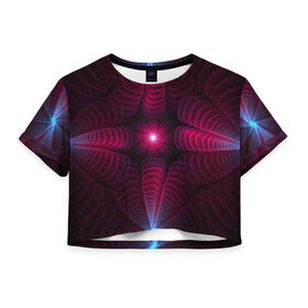 Женская футболка Crop-top 3D с принтом Инопланетные цветы в Кировске, 100% полиэстер | круглая горловина, длина футболки до линии талии, рукава с отворотами | красный | свет | синий | сияние | цветы