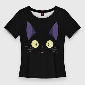 Женская футболка 3D Slim с принтом Дзи Дзи в Кировске,  |  | cat | delivery | ji | jiji | kikis | service | totoro | ведьмина | дзи | дзидзи | доставки | кики | кот | котенок | котик | кэт | миядзаки | служба | тоторо | хаяо | черный