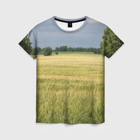 Женская футболка 3D с принтом Пшеничное поле в Кировске, 100% полиэфир ( синтетическое хлопкоподобное полотно) | прямой крой, круглый вырез горловины, длина до линии бедер | деревья | колоски | поле | природа | пшеница | растения