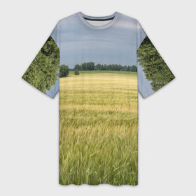 Платье-футболка 3D с принтом Пшеничное поле в Кировске,  |  | деревья | колоски | поле | природа | пшеница | растения