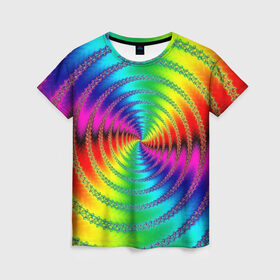 Женская футболка 3D с принтом Цветной гипноз в Кировске, 100% полиэфир ( синтетическое хлопкоподобное полотно) | прямой крой, круглый вырез горловины, длина до линии бедер | Тематика изображения на принте: насыщенные цвета | радуга | спираль | цвет | цвета | яркие цвета | ярко