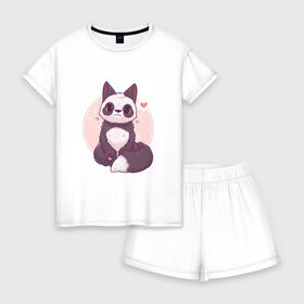 Женская пижама с шортиками хлопок с принтом Лисья панда в Кировске, 100% хлопок | футболка прямого кроя, шорты свободные с широкой мягкой резинкой | арт | белый | лиса | любовь | мило | милота | мимишка | панда | рисунок | сердце | чёрно белый | чёрный