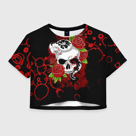 Женская футболка Crop-top 3D с принтом Череп и змея в Кировске, 100% полиэстер | круглая горловина, длина футболки до линии талии, рукава с отворотами | rose | skull | snake | змей | змея | розочки | розы | цветы | череп | черепок | черепушка