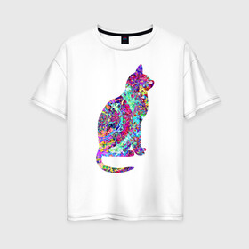 Женская футболка хлопок Oversize с принтом красочная кошка в Кировске, 100% хлопок | свободный крой, круглый ворот, спущенный рукав, длина до линии бедер
 | желтый | зеленый | красный | фиолетовый
