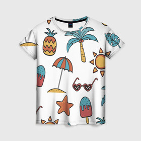 Женская футболка 3D с принтом Отпуск в Кировске, 100% полиэфир ( синтетическое хлопкоподобное полотно) | прямой крой, круглый вырез горловины, длина до линии бедер | summer | ананас | ананасы | гаваи | гавайская | звезда | звёзды | зонт | лето | мороженное | отдых | отпуск | очки | пальма | пальмы | пляж | солнце | туризм | туристическая