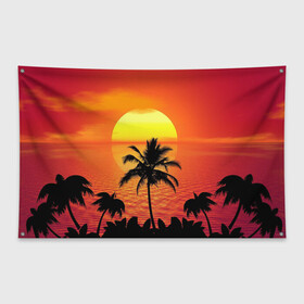 Флаг-баннер с принтом Пальмы на фоне моря в Кировске, 100% полиэстер | размер 67 х 109 см, плотность ткани — 95 г/м2; по краям флага есть четыре люверса для крепления | summer | восход | гаваи | гавайская | закат | лето | море | океан | отдых | отпуск | пальма | пальмы | солнце | туризм | туристическая