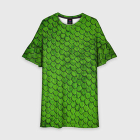 Детское платье 3D с принтом зелёная чешуя  в Кировске, 100% полиэстер | прямой силуэт, чуть расширенный к низу. Круглая горловина, на рукавах — воланы | Тематика изображения на принте: чешуя | чешуя ящерицы