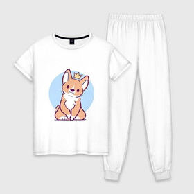 Женская пижама хлопок с принтом Милый щенок в Кировске, 100% хлопок | брюки и футболка прямого кроя, без карманов, на брюках мягкая резинка на поясе и по низу штанин | арт | корги | король | рисунок | рыжий | собака | щенок