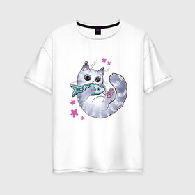Женская футболка хлопок Oversize с принтом Котик с рыбкой в Кировске, 100% хлопок | свободный крой, круглый ворот, спущенный рукав, длина до линии бедер
 | игрушка | кот | котёнок | котик | рыба | рыбка | цветочки | цветы