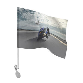 Флаг для автомобиля с принтом Yamaha в Кировске, 100% полиэстер | Размер: 30*21 см | clouds | helmet | motorcycle | racer | road | route | sky | speed | yamaha | гонщик | дорога | мотоцикл | небо | облака | скорость | трасса | шлем