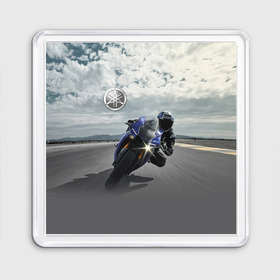 Магнит 55*55 с принтом Yamaha в Кировске, Пластик | Размер: 65*65 мм; Размер печати: 55*55 мм | clouds | helmet | motorcycle | racer | road | route | sky | speed | yamaha | гонщик | дорога | мотоцикл | небо | облака | скорость | трасса | шлем