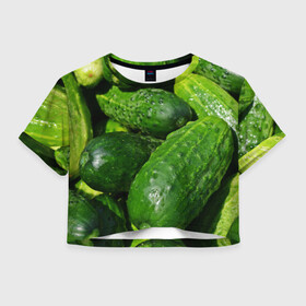 Женская футболка Crop-top 3D с принтом Огурцы в Кировске, 100% полиэстер | круглая горловина, длина футболки до линии талии, рукава с отворотами | еда | зелень | огород | огурец | огуречик | огурцы | огурчик | огурчики | природа | растение | растения | флора