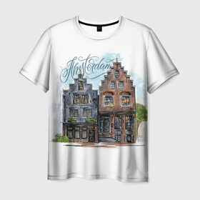 Мужская футболка 3D с принтом Амстердам в Кировске, 100% полиэфир | прямой крой, круглый вырез горловины, длина до линии бедер | амстердам | голландия | город | домики | европа | леттеринг | надпись | нидерланды | окна | путешествие | скетч
