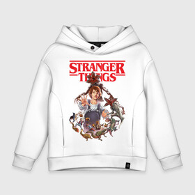 Детское худи Oversize хлопок с принтом Stranger Things в Кировске, френч-терри — 70% хлопок, 30% полиэстер. Мягкий теплый начес внутри —100% хлопок | боковые карманы, эластичные манжеты и нижняя кромка, капюшон на магнитной кнопке | Тематика изображения на принте: 11 | demogorgon | dustin | eleven | jim hopper | lucas | mike | nancy | netflix | steve | will | билли | дастин | демогоргон | джойс | джонатан | дина | загадочные события | лукас | майк | макс | нетфликс | нэнси | оди | одиннадцать