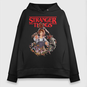 Женское худи Oversize хлопок с принтом Stranger Things в Кировске, френч-терри — 70% хлопок, 30% полиэстер. Мягкий теплый начес внутри —100% хлопок | боковые карманы, эластичные манжеты и нижняя кромка, капюшон на магнитной кнопке | Тематика изображения на принте: 11 | demogorgon | dustin | eleven | jim hopper | lucas | mike | nancy | netflix | steve | will | билли | дастин | демогоргон | джойс | джонатан | дина | загадочные события | лукас | майк | макс | нетфликс | нэнси | оди | одиннадцать