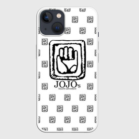 Чехол для iPhone 13 с принтом Лого джоджо белый в Кировске,  |  | Тематика изображения на принте: anime | jojo | jojo’s bizarre adventure | аниме | анимэ | биззаре адвенчер | джо | джо джо | джоджо | джонатан джостар | дзёсукэ хигасиката | дзётаро кудзё | жожо | игги | кира | лого | манга | невероятные приключения