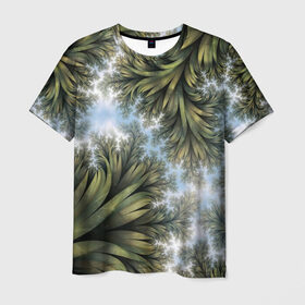 Мужская футболка 3D с принтом Зеленые листья в Кировске, 100% полиэфир | прямой крой, круглый вырез горловины, длина до линии бедер | абстракция | голубое | зеленые листья | листья | небо