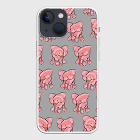 Чехол для iPhone 13 mini с принтом РОЗОВЫЕ СЛОНИКИ ПАТТЕРН в Кировске,  |  | бесшовный паттерн | животные. слоны | милота | нежнятина | серый | слоники. розовый