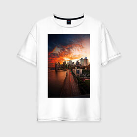 Женская футболка хлопок Oversize с принтом Город на берегу в Кировске, 100% хлопок | свободный крой, круглый ворот, спущенный рукав, длина до линии бедер
 | город | закат | мегаполис | море