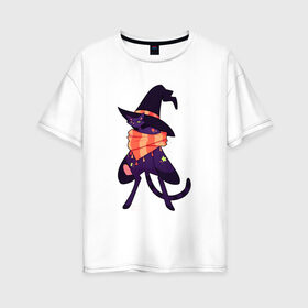 Женская футболка хлопок Oversize с принтом Хэллоунский кот маг в Кировске, 100% хлопок | свободный крой, круглый ворот, спущенный рукав, длина до линии бедер
 | волшебство | звезды | кот | маг | магия | осень | хэллоуин | хэловин | шарф | шляпа