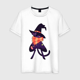 Мужская футболка хлопок с принтом Хэллоунский кот маг в Кировске, 100% хлопок | прямой крой, круглый вырез горловины, длина до линии бедер, слегка спущенное плечо. | Тематика изображения на принте: волшебство | звезды | кот | маг | магия | осень | хэллоуин | хэловин | шарф | шляпа
