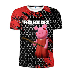 Мужская футболка 3D спортивная с принтом ROBLOX PIGGY - СВИНКА ПИГГИ в Кировске, 100% полиэстер с улучшенными характеристиками | приталенный силуэт, круглая горловина, широкие плечи, сужается к линии бедра | pig | piggy | roblox | игра | компьютерная игра | логотип | онлайн | онлайн игра | пигги | поросенок | роблакс | роблокс | свинка | свинья
