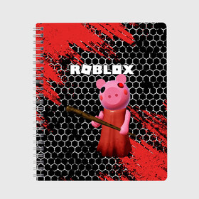 Тетрадь с принтом ROBLOX PIGGY - СВИНКА ПИГГИ в Кировске, 100% бумага | 48 листов, плотность листов — 60 г/м2, плотность картонной обложки — 250 г/м2. Листы скреплены сбоку удобной пружинной спиралью. Уголки страниц и обложки скругленные. Цвет линий — светло-серый
 | pig | piggy | roblox | игра | компьютерная игра | логотип | онлайн | онлайн игра | пигги | поросенок | роблакс | роблокс | свинка | свинья