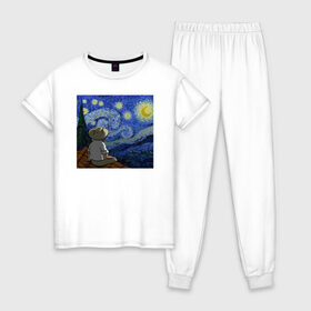 Женская пижама хлопок с принтом Винсент Вангог в Кировске, 100% хлопок | брюки и футболка прямого кроя, без карманов, на брюках мягкая резинка на поясе и по низу штанин | арт | винсент вангог | дождь | ночь | романтика | художник