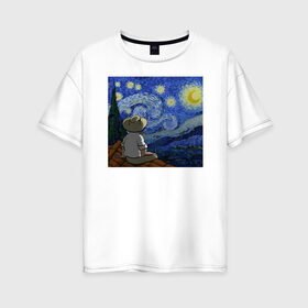 Женская футболка хлопок Oversize с принтом Винсент Вангог в Кировске, 100% хлопок | свободный крой, круглый ворот, спущенный рукав, длина до линии бедер
 | арт | винсент вангог | дождь | ночь | романтика | художник