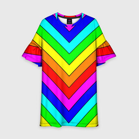 Детское платье 3D с принтом Rainbow Stripes в Кировске, 100% полиэстер | прямой силуэт, чуть расширенный к низу. Круглая горловина, на рукавах — воланы | geometry | gradient | neon | геометрические | градиент | детям | кислота | кислотный | конус | красочный | линии | неоновые | пирамида | полоска | полосы | радуга | радужный | разноцветные | сочный | треугольники