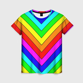 Женская футболка 3D с принтом Rainbow Stripes в Кировске, 100% полиэфир ( синтетическое хлопкоподобное полотно) | прямой крой, круглый вырез горловины, длина до линии бедер | geometry | gradient | neon | геометрические | градиент | детям | кислота | кислотный | конус | красочный | линии | неоновые | пирамида | полоска | полосы | радуга | радужный | разноцветные | сочный | треугольники