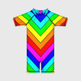 Детский купальный костюм 3D с принтом Rainbow Stripes в Кировске, Полиэстер 85%, Спандекс 15% | застежка на молнии на спине | geometry | gradient | neon | геометрические | градиент | детям | кислота | кислотный | конус | красочный | линии | неоновые | пирамида | полоска | полосы | радуга | радужный | разноцветные | сочный | треугольники