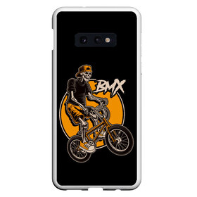 Чехол для Samsung S10E с принтом BMX в Кировске, Силикон | Область печати: задняя сторона чехла, без боковых панелей | Тематика изображения на принте: bicycle | bmx | skull | sport | x games | велик | велосипед | велоспорт | скелет | череп | экстремальный спорт