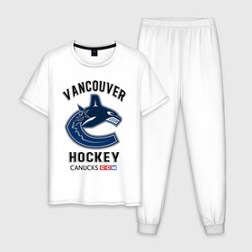 Мужская пижама хлопок с принтом VANCOUVER CANUCKS NHL в Кировске, 100% хлопок | брюки и футболка прямого кроя, без карманов, на брюках мягкая резинка на поясе и по низу штанин
 | Тематика изображения на принте: canada | canucks | hockey | nhl | sport | usa | vancouver | акула | ванкувер | канада | кэнакс | логотип | нхл | спорт | хоккей | челюсти