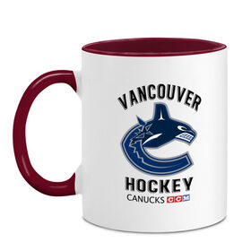 Кружка двухцветная с принтом VANCOUVER CANUCKS NHL в Кировске, керамика | объем — 330 мл, диаметр — 80 мм. Цветная ручка и кайма сверху, в некоторых цветах — вся внутренняя часть | canada | canucks | hockey | nhl | sport | usa | vancouver | акула | ванкувер | канада | кэнакс | логотип | нхл | спорт | хоккей | челюсти