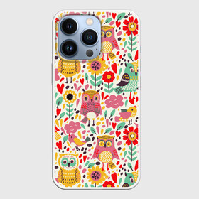 Чехол для iPhone 13 Pro с принтом Красочные совы и цветы в Кировске,  |  | autumn | cute | flowers | spring | summer | весна | воробей | лепестки | лето | маки | милота | милые | облака | облачка | осень | поле | природа | птичка | птички | ромашки | сердечки | синица | синичка | сова | совушки