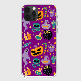 Чехол для iPhone 12 Pro с принтом Happy Halloween в Кировске, силикон | область печати: задняя сторона чехла, без боковых панелей | Тематика изображения на принте: bones | candle | candy | fangs | flask | ghost | hand | hat | jaw | owl | pumpkin | skull | star | звезда | клыки | колба | конфета | кости | пасть | призрак | рука | свеча | сова | череп | шляпа