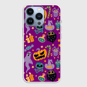 Чехол для iPhone 13 Pro с принтом Happy Halloween в Кировске,  |  | Тематика изображения на принте: bones | candle | candy | fangs | flask | ghost | hand | hat | jaw | owl | pumpkin | skull | star | звезда | клыки | колба | конфета | кости | пасть | призрак | рука | свеча | сова | череп | шляпа