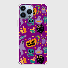 Чехол для iPhone 13 Pro Max с принтом Happy Halloween в Кировске,  |  | bones | candle | candy | fangs | flask | ghost | hand | hat | jaw | owl | pumpkin | skull | star | звезда | клыки | колба | конфета | кости | пасть | призрак | рука | свеча | сова | череп | шляпа