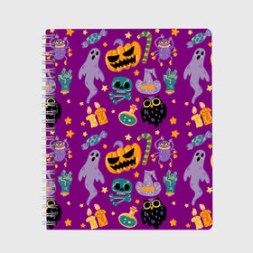 Тетрадь с принтом Happy Halloween в Кировске, 100% бумага | 48 листов, плотность листов — 60 г/м2, плотность картонной обложки — 250 г/м2. Листы скреплены сбоку удобной пружинной спиралью. Уголки страниц и обложки скругленные. Цвет линий — светло-серый
 | bones | candle | candy | fangs | flask | ghost | hand | hat | jaw | owl | pumpkin | skull | star | звезда | клыки | колба | конфета | кости | пасть | призрак | рука | свеча | сова | череп | шляпа